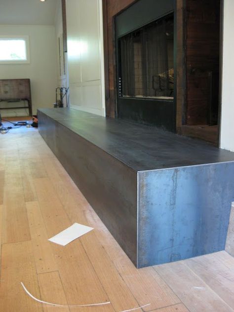 Black Steel Kitchen, Steel Kitchen Island, Industrial Fireplace, Diy Fireplace Mantle, Steel Fireplace, Hot Rolled Steel, Diy Fireplace Makeover, Fireplace Update, Metal Fireplace