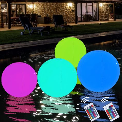 PRICES MAY VARY. 【IP68 Waterproof & Durable】Each glowing ball is made of high-quality PVC ,thickness is 0.07 ‘’,is much thicker than the another LED Light beach balls. Don’t worry about the lights doesn’t work in the rain or snow, the IP68 waterproof class enables the lights to work normally under any circumstances.led pool lights are durable enough for playing, splashing, dropping. 【Glow in the Dark Ball】The Light up Ball glows in the dark, light up beach ball can be changed 16 colors with remo Led Ball Lights, Floating Pool Lights, Led Ball, Decorative Night Lights, Pool Ball, Pool Lights, Beach Garden, Floating Lights, Pool Decor