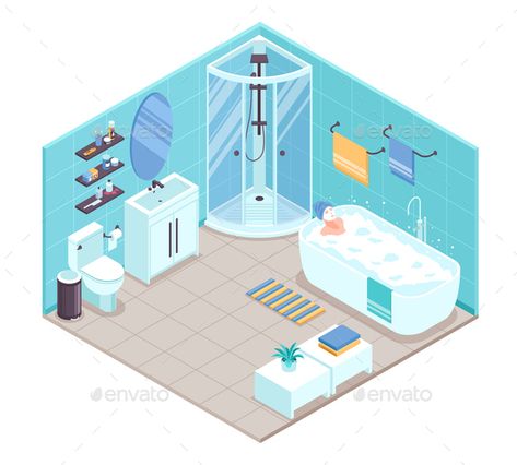 Bathroom Interior Isometric #Bathroom, #Interior, #Isometric Isometric Bathroom, Paint Colors Bathroom, Workspace Illustration, Bathtub Corner, Bathroom Drawing, Toilet And Sink Unit, Isometric Room, Oval Bathtub, Isometric Drawing