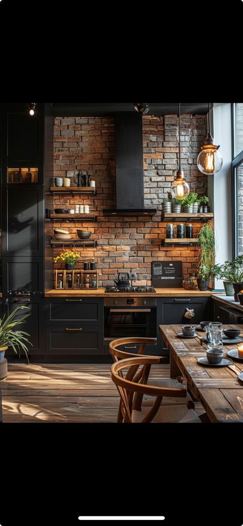 Black Kitchen Cabinets With Brick Backsplash, Black Kitchen With Brick Backsplash, Brick And Black Interior, Black Kitchen With Brick Wall, Brick Backsplash Kitchen Black Cabinets, Black Kitchen Brick Backsplash, Black Cabinets Brick Backsplash, Dark Wood Kitchen Cabinets Brick Backsplash, Black Kitchen Oak Worktop