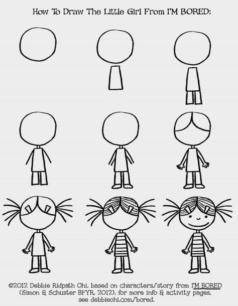 How to draw the little girl from I'M BORED. Trin For Trin Tegning, Ako Kresliť, Directed Drawing, Art Drawings For Kids, Journal Doodles, Stick Figures, Drawing Lessons, Simple Doodles, Mail Art