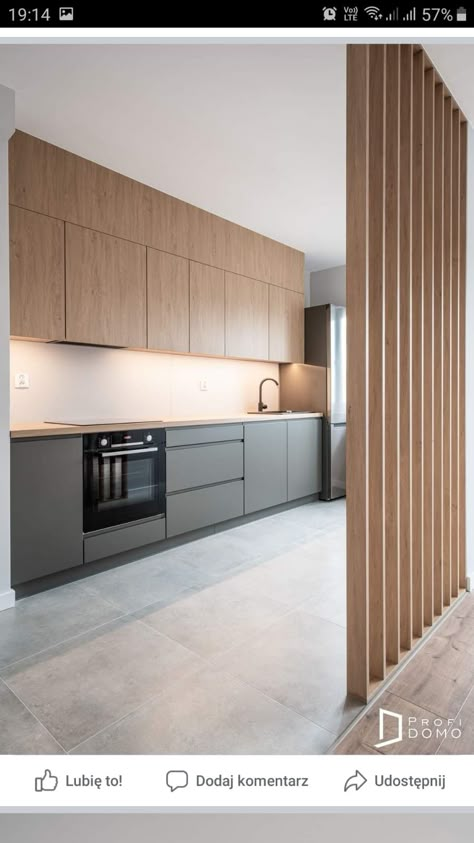 Grey And Wood Kitchen Cabinets, Charcoal And Wood Kitchen, Light Brown Kitchen Cabinets Color Schemes, Grey Brown Kitchen, Kitchen Interior Wooden, Grey And Wood Kitchen, Contemporary Grey Kitchen, Grey Kitchen Interior, Grey Tile Kitchen Floor