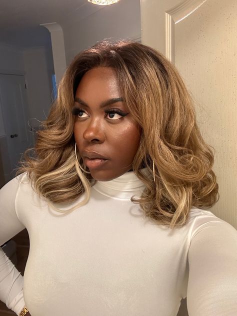 Blonde bouncy blowout on dark skin | long bob | lace front styles #blondehairstyles #blondebalayage #blondeshorthair #wigsforblackwomen #wigstyling #hairgoals Dark Blonde Hair On Black Women, Honey Blonde Balayage Black Women, Ash Blonde Hair Dark Skin, Blonde Afro Dark Skin, Blonde Hair Black Women Dark Skin, Blonde Hair Dark Skin Women, Blonde Highlights Long Bob, Blond On Dark Skin, Blonde Wig Black Women Dark Skin