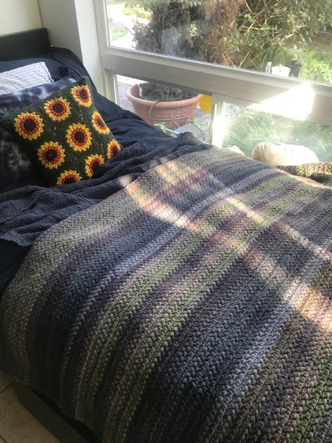 Crochet Blanket On Bed, Crochet Earthy Colors, Earthy Crochet Projects, Masculine Crochet Patterns, Two Tone Crochet Blanket, Crochet Earth Tones, Earthy Crochet Blanket, Green Crochet Blanket Color Combos, Earth Tone Crochet