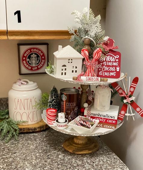 Two Tier Tray Decor Christmas, Christmas Countertop Decor Ideas, Two Tier Tray Decor, Christmas Hot Chocolate Bar, Easy Diy Christmas Decorations, Tray Decor Christmas, Target Christmas, Christmas Tray, Countertop Decor