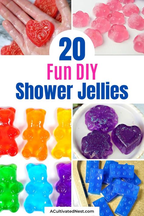 20 Fun DIY Shower Jellies- If you need a homemade gift, fun at-home project with the kids, or need to fill up your bathroom pantry, then you should check out these fun DIY shower jellies! | DIY jelly soaps, #crafts #homemadeGifts #showerJellies #diyBeauty #ACultivatedNest Bath Jellies Diy, Diy Soap Jellies, Soap Jellies Diy, Diy Spa Crafts, Easy Diy Soap 3 Ingredients, Jelly Soap Recipes, Diy Shower Gel, Shower Jellies Diy, Soap Jellies