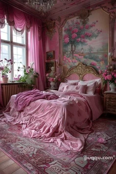 Girly Eclectic Bedroom, Pink Victorian House Interior, Pink Victorian Room, Country Mansion Interior, Pink Walls Bedroom, Pink Home Interior, Victorian Bedroom Aesthetic, Pink Bed Frame, Pink Bedroom Inspirations