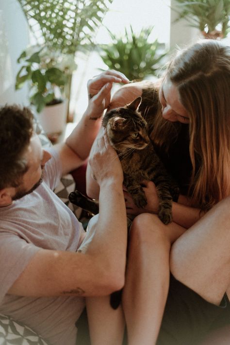 In home couple lifestyle session (12 of 58) Cat Family Photo, Engagement Photos At Home, Shooting Couple, Animal Photoshoot, Home Photo Shoots, Dog Photoshoot, Cat Cuddle, Destination Wedding Photos, Cat Family