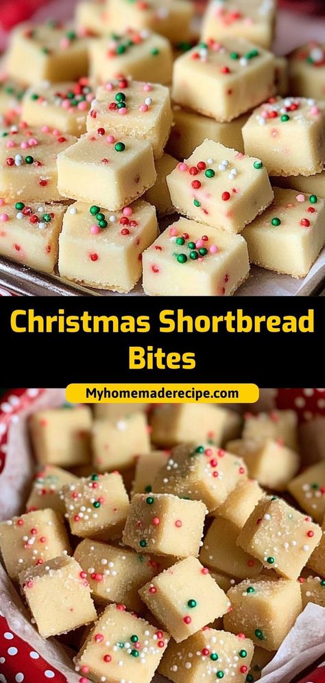 These Christmas shortbread bites are buttery, sweet, and topped with colorful holiday sprinkles. A classic treat for Christmas baking! Ingredients: 1 cup flour ½ cup butter ¼ cup sugar Christmas sprinkles Make these shortbread bites for a delicious holiday treat that’s perfect for gifting or snacking Christmas Treat Box Recipes, Holiday Shortbread Bites, Bite Sized Christmas Treats, Shortbread Cookie Recipe 3 Ingredients, Sugarplum Shortbread Cookies, Quick And Easy Appetizers Christmas, Christmas Snacks And Desserts, Christmas Sharable Treats, Shortbread Cookie Bites Recipe