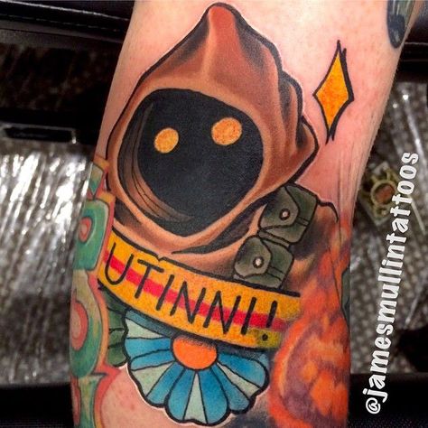 Jawa tattoo Jawa Tattoo, Jawa Art, Jawa Star Wars, Sugar Skull Drawing, Star Wars Jawa, Tattoo Memes, Traditional Sleeve, Star Wars Tattoo, Traditional Tattoo Art