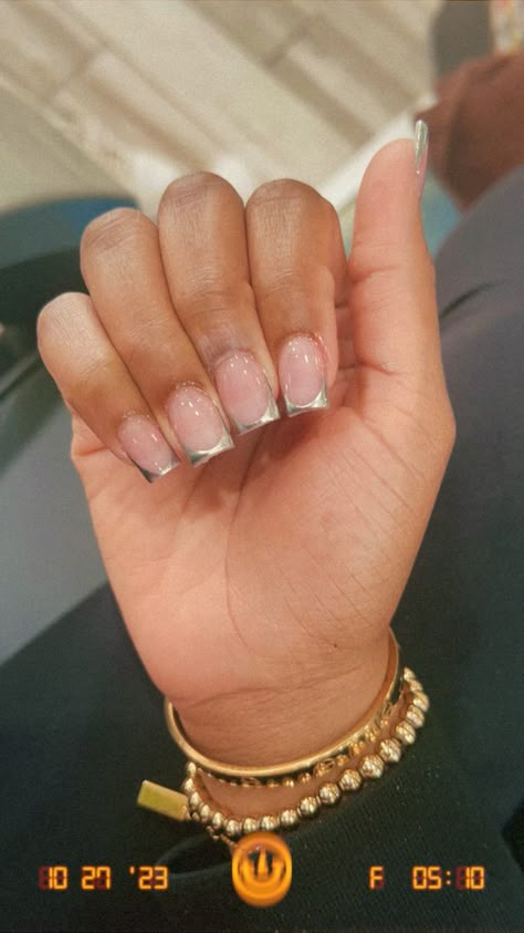 White Acrylic Nails With Chrome, Silver Coffin French Tip Nails, Short Nails Chrome French, Colored Square French Tip Nails, French Tip And Chrome Nails, Black Tip Chrome Nails, Short Chrome French Tip, Silver French Tip Toes, Subtle Birthday Nails