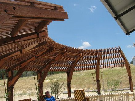 Techo curvo en voladizo Patio Overhang Ideas, Backyard Shade Structure, Curved Trellis, Curved Patio, Curved Pergola, Backyard Seating Area, Beautiful Outdoor Living Spaces, Cheap Pergola, Backyard Shade