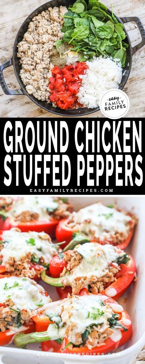 We’ve lightened up stuffed peppers by swapping the beef with seasoned ground chicken and adding some extra veggies—but this healthy makeover is just as delicious as the original! This is one of our FAVORITE meal prep dinners, and it’s also a great option for freezer cooking. Tender bell peppers are stuffed with a flavorful chicken-and-rice filling, topped with cheese, and baked until all the flavors come together. A family-friendly chicken dinner idea that’s quick, easy, and oh-so-tasty! Meal Prep With Peppers, Healthy Stuffed Bell Peppers Chicken, Stuffed Bell Peppers Chicken Rice, Clean Ground Chicken Recipes, Stuffed Peppers With Ground Chicken, Meal Prep With Ground Chicken, Ground Chicken Peppers, Stuffed Peppers Meal Prep, Gallbladder Friendly Recipes