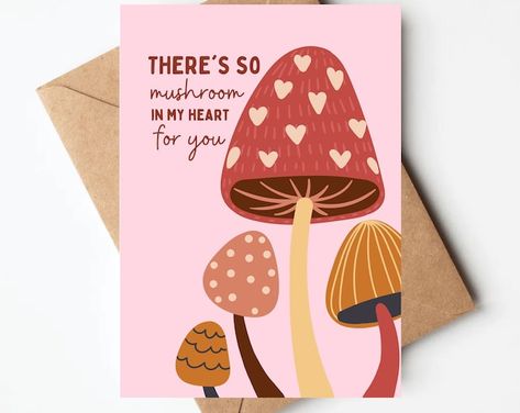 PinkMangoPrintCo - Etsy Diy Friend Valentines Cards, Mushroom Birthday Cards Diy, Outdoorsy Valentine Card, Mushroom Valentines Day Card, Cute Valentines Cards Diy, Valentines Card Friend, Mushroom Valentine Card, Mushroom Cards Handmade, Friend Valentines Cards