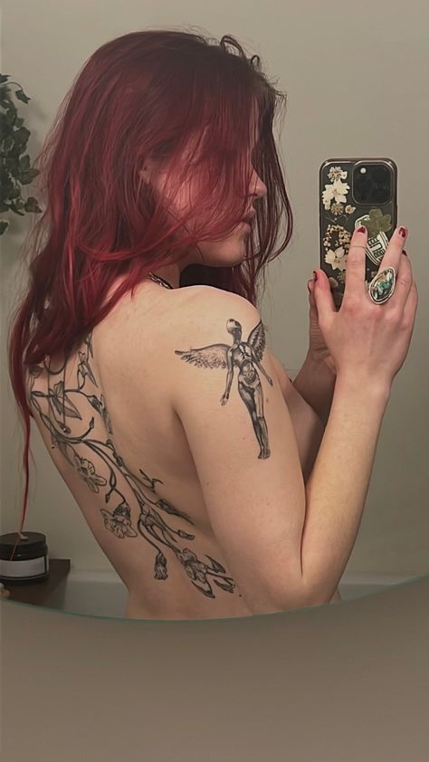 Angel Belly Tattoo, Birth Of Evil Tattoo, Nirvana Arm Tattoo, Snapdragon Vine Tattoo, Behind Bicep Tattoo, Arm Tattoos Grunge, Snap Dragon Vine Tattoo, Back Tattoos Grunge, Center Stomach Tattoos