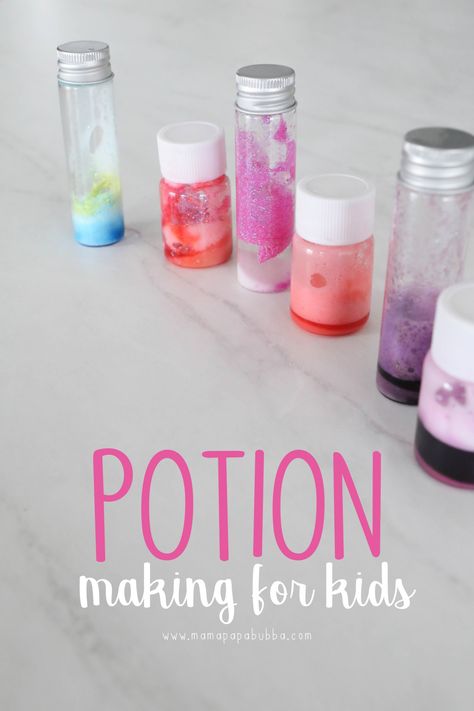 Potion Making for Kids | Mama.Papa.Bubba. Potion Sensory Bottles, Diy Potion Ingredients, Bath Potions Diy Kids, Edible Potions For Kids, Fairy Potion Recipes, Potion Making For Kids, Witch Potion Recipe, Potion Lab, Potion Craft