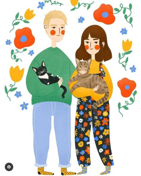 Family Drawing Illustration, Cartoon Family Portrait, Couple Cat, Cartoon Family, Family Drawing, Family Cartoon, Couple Illustration, Family Illustration, Cats Illustration