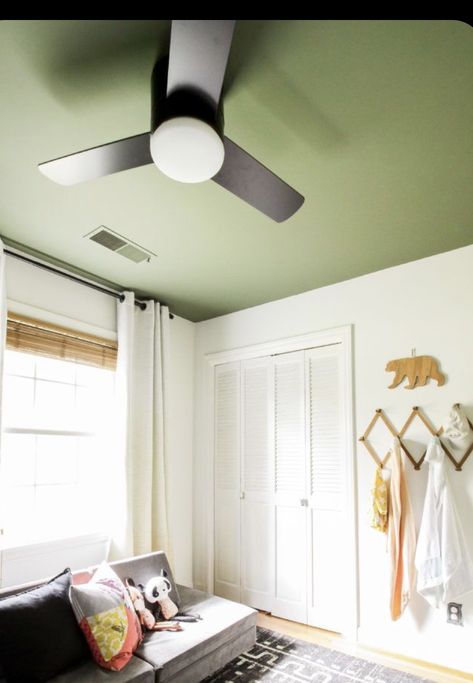 White Room Green Ceiling, Light Green Ceiling Paint, Green Accent Ceiling, Painted Green Ceiling, Green Painted Ceiling Bedroom, Olive Green Painted Walls Bedroom, White Walls Green Ceiling, Painted Ceiling Green, Green Ceiling Nursery