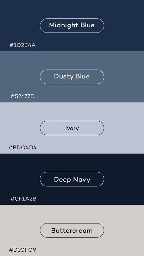 Midnight Blue Palette Colour Schemes, Colours With Navy Blue, Midnight Blue Color Pallet, Dusty Blue Hex Code, Dusty Blue And Navy Color Palette, Portfolio Design Color Palette, Navy Hex Code, Navy And Neutral Color Palette, Gray And Blue Palette