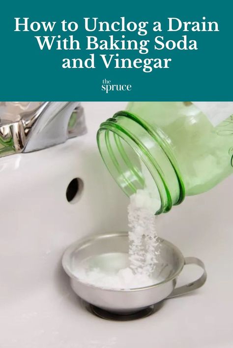 Instead of using hazardous, caustic drain cleaners, learn how to unclog drains with ordinary baking soda and vinegar or baking soda and salt. #cleanhouse #cleaningguide #cleaninghacks #cleaningtips #realsimple #stepbystepcleaning #thespruce Clear Drain With Baking Soda And Vinegar, Vinegar And Baking Soda Drain Cleaner, Drain Cleaner Diy Baking Soda Vinegar, Unclog Drain With Vinegar Baking Soda, Unclog Sink With Baking Soda And Vinegar, Baking Soda Drain Cleaner, Drain Unclogger, Unclog Sink, Baking Soda Cleaner