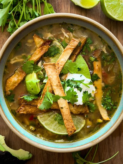 Green Tortilla Soup, Cilantro Soup Recipe, Healthy Tortilla Soup, Chicken Lime Soup, Poblano Pepper, Cilantro Chicken, Chicken Tortillas Soups Recipe, Tortilla Soup Recipe, Chunky Salsa