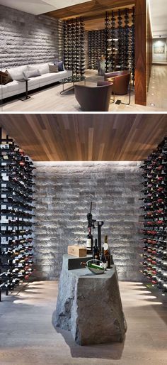 This modern wine cellar has glass walls, plenty of bottle storage, and a stone element that's been designed to be used as a table. #WineCellar #WineRoom #WineStorage Wine Degustation Design, Wine Cellar Modern, Modern Wine Cellar, Underground Cellar, Wine Cellar Basement, Canadian House, Estate Gardens, Wine Cave, Home Wine Cellars