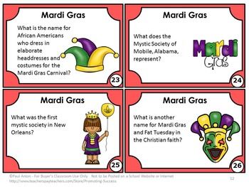 MARDI GRAS Mardi Gras Fun Facts Task Cards - In this printable packet you will receive 30 task cards with fun facts about the Mardi Gras in America. Students may play the traditional scavenger hunt game or SCOOT. A Mardi Gras student response form, answer key, and 20 additional game ideas are provided.  There are so many uses for these Mardi Gras fun facts task cards, including: learning centers, group work, board games, SCOOT, SCATTER, or a scavenger hunt! Mardi Gras Activities, Carnival Holiday, Youth Activities, Mardi Gras Carnival, Fat Tuesday, Game Ideas, Group Work, Scavenger Hunt, Learning Centers