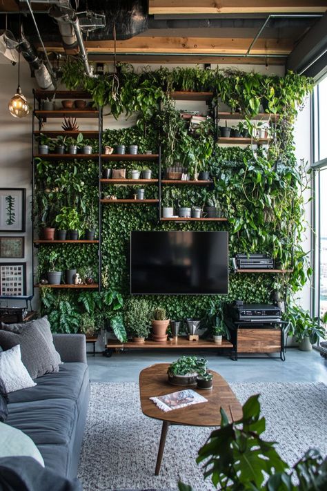 Create lush greenery in small spaces by incorporating vertical gardens and wall planters. #VerticalGardens #IndoorPlants #SpaceSaving Vertical Garden Apartment, Interior Plant Wall, Vertical Garden Design Interiors, Herb Indoor Garden, Plant Wall Ideas Indoor, Plant Wall Indoor, Plant Wall Ideas, Indoor Plant Wall, Wall Mounted Planters