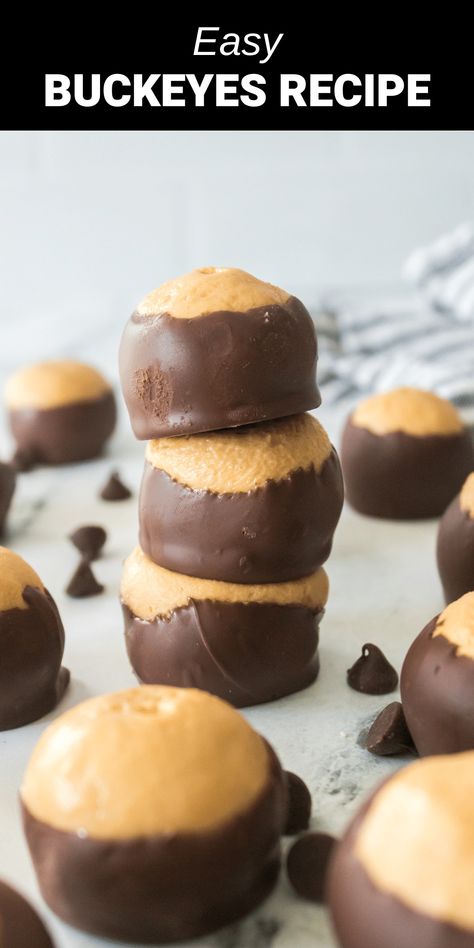 buckeyes stacked on top of one another Buckeye Cupcake Recipe, Peanut Butter Buckeye Balls, Cream Cheese And Peanut Butter Recipes, Buckeyes Recipe Easy, Easy Buckeyes Recipe, Homemade Buckeyes, Best Buckeyes Recipe, Easy Buckeyes, Easy Buckeye Recipe