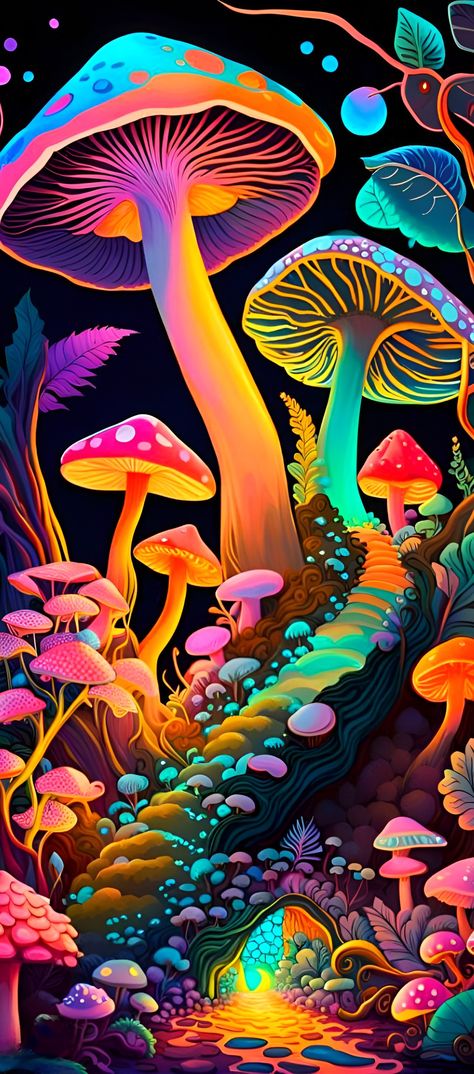 Art mushroom Mushroom Wallpaper Trippy, Neon Mushroom Wallpaper, Pretty Mushroom Aesthetic, Psylocibin Mushrooms Art, Neon Mushroom Art, Pop Art Mushroom, Shroom Art Trippy, Colourful Mushroom Art, Mushroom Psychedelique