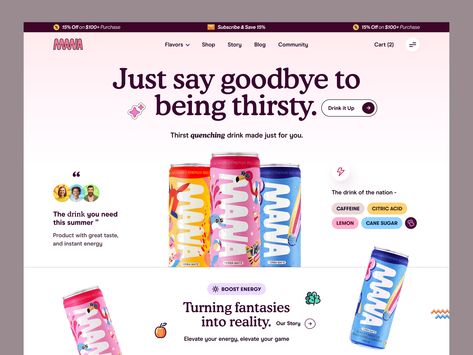 Mana - Healthy Beverage Website by Farzan Faruk Beverage Website, News Website Design, Natural Caffeine, Stronger Immune System, Brand Assets, Healthy Juices, Boost Energy, Summer Drinks, Healthy Drinks