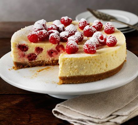 Baked raspberry & lemon cheesecake ... A Rich and creamy baked cheesecake that makes a great dinner party... Cooking time. Prep: 20 mins Cook: 1 hr, 45 mins... Plus overnight chilling Skill level. Easy... Servings. Serves 8... Raspberry Lemon Cheesecake, White Chocolate Raspberry Cheesecake, Lemon Cheesecake Recipes, Chocolate Raspberry Cheesecake, Dinner Party Desserts, Popular Dessert, Buttery Biscuits, Popular Desserts, Dessert Party