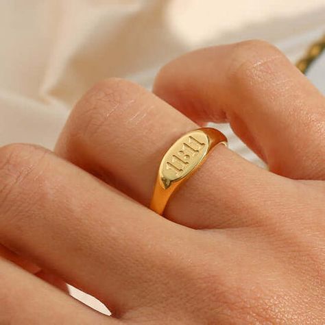 Number 1111, Number Jewelry, Hollow Ring, Aesthetic Rings, Divine Guidance, Number Necklace, Gold Signet Ring, Trendy Ring, 18k Gold Ring