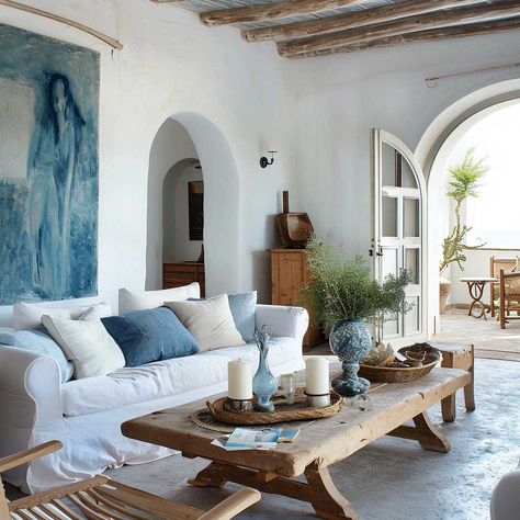 Creating Your Dream Mediterranean Style Living Room • 333+ Art Images Mediterranean Sitting Room, Greek Villa Interior Design, Blue And White Mediterranean Decor, Santorini Style Interior, Mediteran House Interior Design, Mediterranean Living Room Inspiration, Mediteranean Houses Interior Decor, Sea House Interior, Interior Mediterranean Style