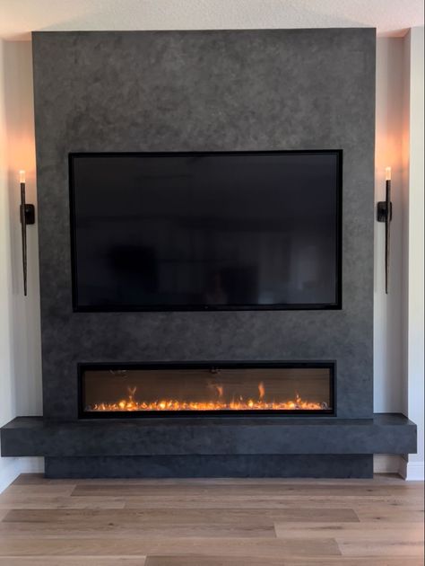 Linear Fireplace With Hearth And Tv, Infrared Fireplace Wall, Modern Electric Fireplace Wall With Tv, Electric Marble Fireplace, Modern Venetian Plaster Fireplace, Electric Fireplace Ideas Tile, Fireplace Tv Wall With Bench, Venetian Plaster Electric Fireplace, Venetian Plaster Tv Wall