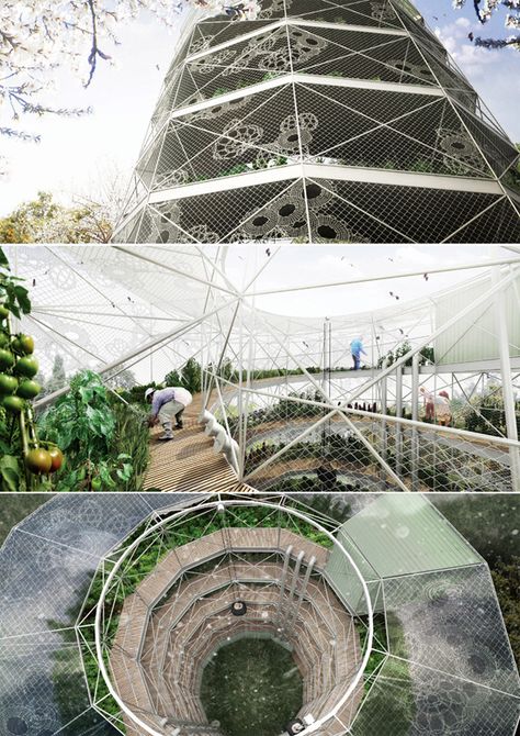 Sustainable public garden that’s totally self-sufficient. Spiral Garden, Indoor Farming, Vertical Farming, Urban Agriculture, The Spiral, Urban Architecture, Garden Pictures, Public Garden, Urban Farming