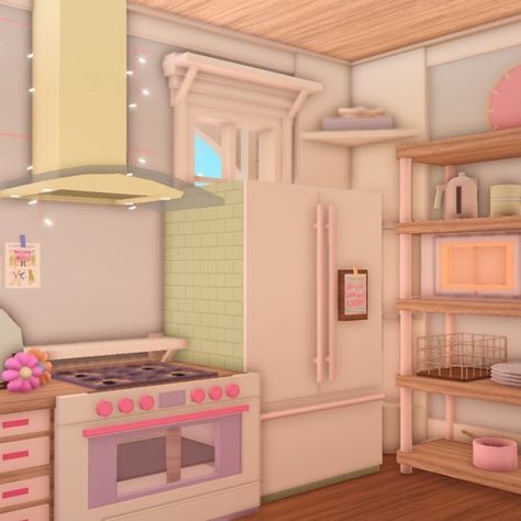 Blush Kitchen Bloxburg, Danish Pastel Bloxburg, Bloxburg Pink House, Bloxburg Blush House, Preppy Bloxburg House, Preppy Bloxburg, Bloxburg Rooms, Bloxburg Building, Bloxburg Town