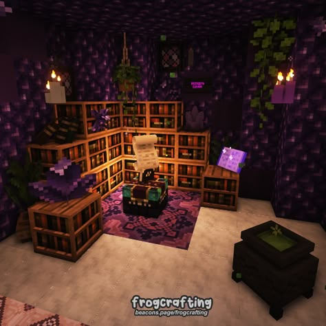 a witchy, crystal themed enchanting area i built for buildtober!~ 🌿🥰 #cottagecoreminecraft #cottagecore #cottage #minecraftcottage #minecraftaesthetic #aesthetic #aestheticminecraft #fairycore #frogcrafting Minecraft Witchy Interior, Witchy Minecraft, Witchy Minecraft Builds, Minecraft Enchanting Area, Enchanting Room Minecraft, Minecraft Halloween Ideas, Aesthetic Minecraft Builds, Mc House, Cottagecore Minecraft