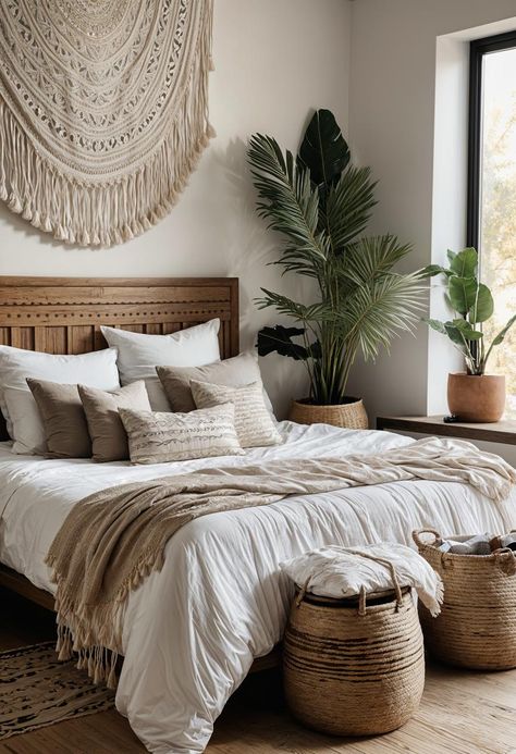 Cream Boho Bedroom, Grey Boho Bedroom, Modern Rustic Bedroom Decor, Neutral Boho Bedroom, Minimalist Boho Bedrooms, White And Beige Bedroom, Boho Minimalist Bedroom, Coastal Boho Bedroom, Relaxing Spaces