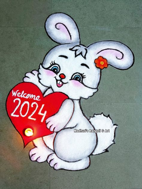 Small Side Rangoli Design, New Year Rangoli Latest, Rangoli Happy New Year, Happy New Year Rangoli Design, Cartoon Rangoli, Happy New Year Rangoli, New Year Rangoli Design, Cartoons Rangoli Design, Cartoons Rangoli