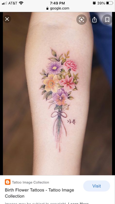 Birth flowers bouquet tattoo idea Vintage Flower Bouquet Tattoo, Flower Bouquet Tattoos For Women, Vintage Bouquet Tattoo, Sister Birth Flower Tattoo, Realistic Birth Flower Tattoo, Floral Bouquet Tattoo Color, Family Birth Flower Bouquet Tattoo Color, Birth Bouquet Tattoo, Color Birth Flower Tattoo