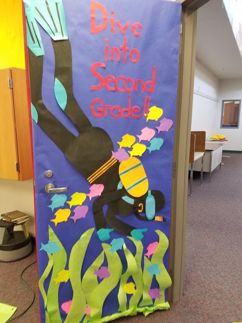 Scuba Diver Bulletin Board, Ocean Classroom Door Ideas, Under The Sea Door Decorations Classroom, Under The Sea Bulletin Board Ideas, Under The Sea Classroom Door, Under The Sea Classroom Theme, Superhero Classroom Decorations, Ocean Art Projects, Theatre Decorations