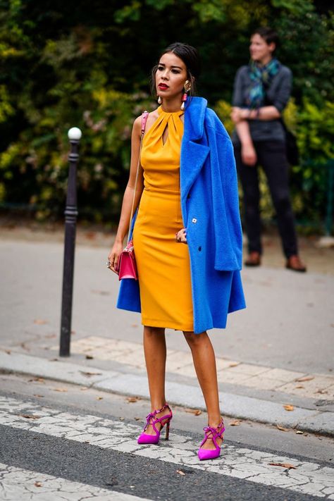 Orange, Blue, and Fuchsia Blue And Orange Outfit, Theory Outfits, Colorful Fits, Clothing Closet, Colour Combinations Fashion, Color Blocking Outfits, Color Combinations For Clothes, Monochromatic Outfit, Orange Outfit