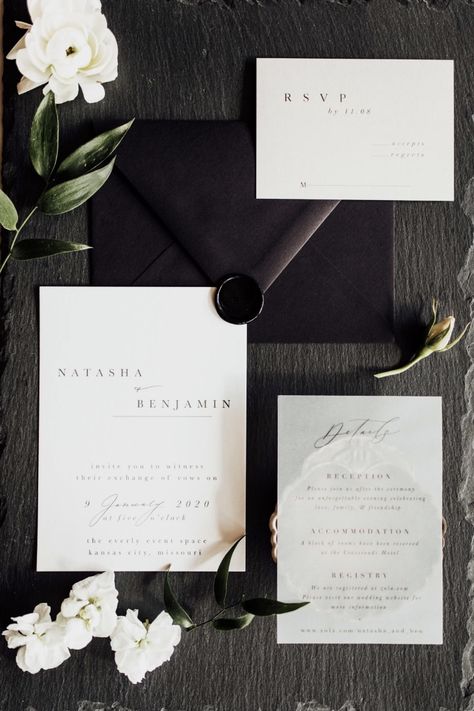 Monochrome black and white wedding invitation suite Detailed Wedding Invitations, Black And White Details Wedding, Minimal Black Wedding, Black Invitations Wedding, White And Black Invitations, Black White Wedding Aesthetic, 2023 Wedding Invitations, Wedding Black Invitation, Black And White Invites