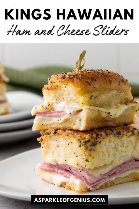 King's Hawaiian rolls have a distinctive sweetness that pairs exceptionally well with the savory flavors of ham and cheese. Their soft, fluffy texture makes every bite of the slider a delightful experience. These small but mighty Kings Hawaiian Ham and Cheese Sliders are a staple at parties and family gatherings. Ham Swiss Hawaiian Rolls, Ham Buns Hawaiian Rolls, Ham Biscuits With Hawaiian Rolls, Italian Ham And Cheese Sliders, Kings Hawaiian Roll Sliders, King Hawaiian Sliders Ham And Cheese, Ham Delights Recipe Hawaiian Rolls, Kings Hawaiian Sliders Ham And Cheese, Kings Hawaiian Recipe Ideas