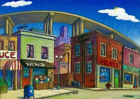 Hey Arnold Background Art, Arnold Wallpaper, Canva Images, Cartoon Memories, Football Head, Cartoon Town, Vintage Nickelodeon, Town Drawing, Pack Rat