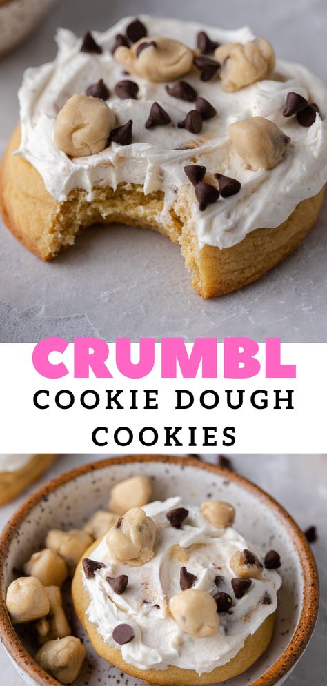 Crumbl cookie dough cookies made with a thick and chewy brown sugar cookie base then topped with a fluffy buttercream with edible cookie dough on top. The ultimate cookie lover's treat. Gluten Free Crumble Cookie Recipe, Crumbl Cannoli Cookie Copycat, Cookie Recipes Crumbl Cookie, Crazy Cookie Recipes, Copycat Crumble, Crumble Cookie Copycat Recipe, Fun Summer Desserts, Cookies With Ice Cream, Crumbl Recipes