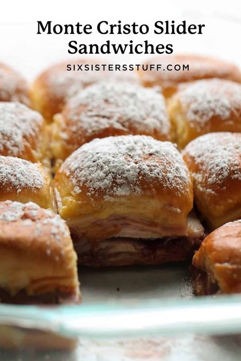 Monte Cristo Slider Sandwiches Recipe Six Sisters Monte Cristo Sliders, Monte Cristo Sliders 12 Tomatoes, Monte Cristo Sandwich Casserole, Monte Cristina Sliders, Monte Christo Sliders, Monte Cristo Sandwich Sliders, Fried Monte Cristo Sandwich, Potluck Sandwiches, Potluck Main Dish Recipes