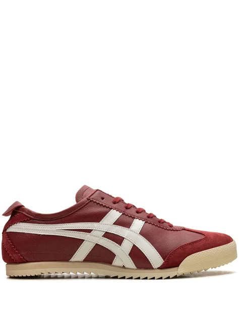 burgundy/white leather/suede signature Tiger stripes logo-embossed tongue front lace-up fastening round toe rubber sole These styles are supplied by a premium and authenticated sneaker marketplace. Stocking only the most sought-after footwear, they source and curate some of the most hard to find sneakers from around the world. Red Onitsuka Tiger, Onitsuka Tiger Women Outfit, Onitsuka Tigers, Shoe Rotation, Santa's List, Tiger Shoes, Burgundy Sneakers, Red Energy, Tiger Mexico 66