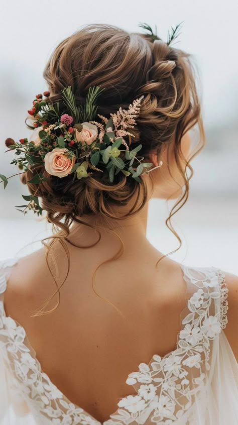 60+ Gorgeous Bridal Hairstyles To Wow On Your Big Day Boho Bride Hairstyles With Veil, Boho Bridesmaids Hairstyles, Hair Styles For The Bride, Bride Updo With Flowers, Bridesmaid Hairstyles Flower Crown, Wedding Fall Hairstyles, Boho Wedding Hair Black, Flower Wreath Hair Wedding, Floral Wedding Crown Brides